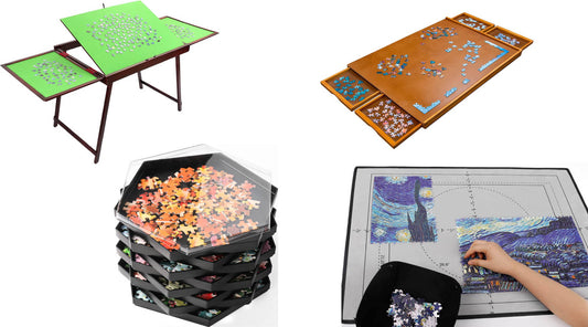 Multiple jigsaw puzzle accessories, including jigsaw puzzle boards, sorting trays, mats, and table